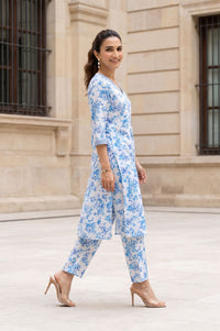 White Floral Print Modal Straight Kurta with Trouser &amp; Stole Set