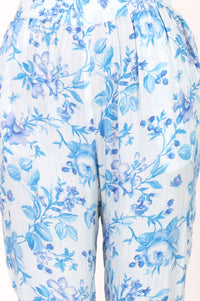 White Floral Print Modal Straight Kurta with Trouser &amp; Stole Set