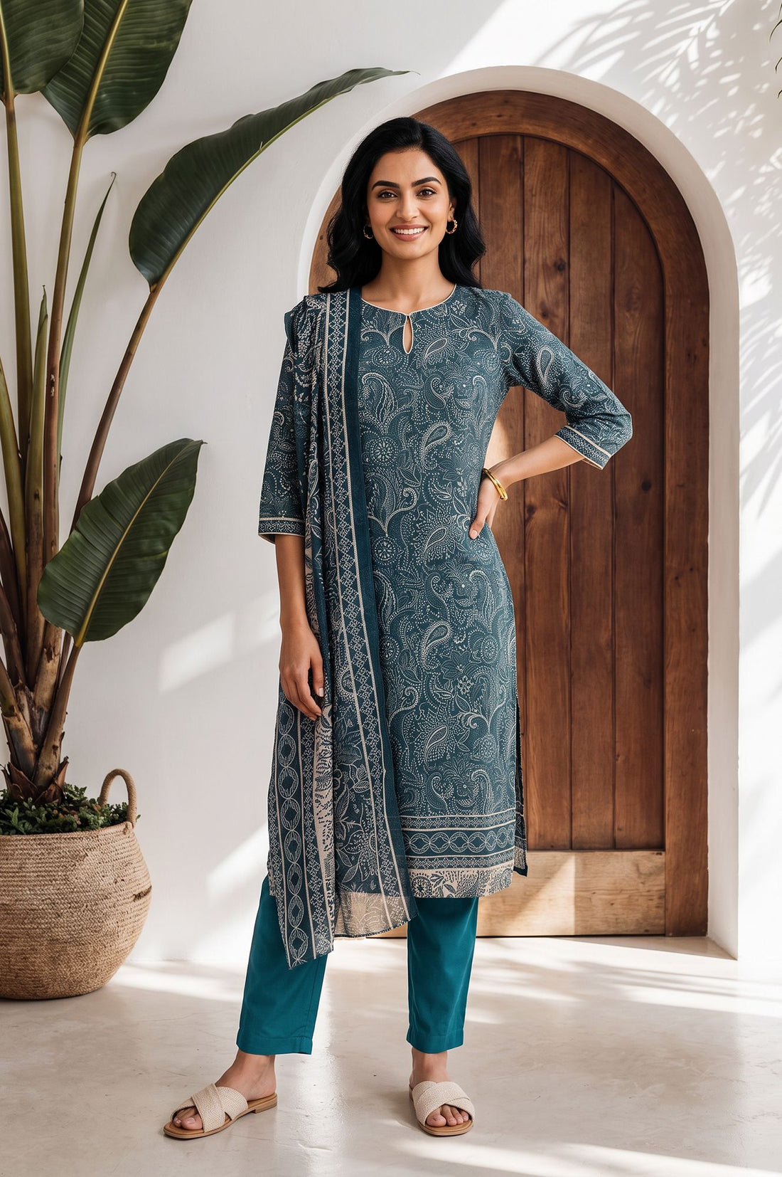 Teal Paisley Printed Modal Straight Kurta with Trousers and Dupatta Set