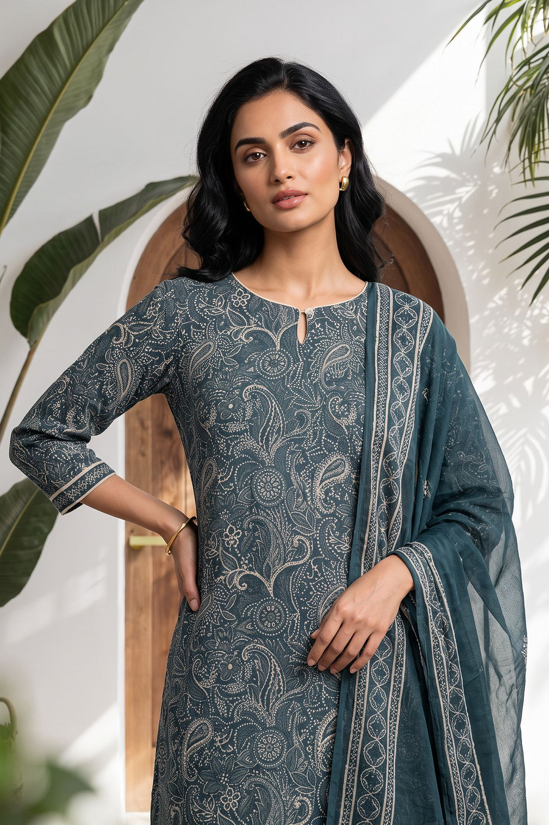Teal Paisley Printed Modal Straight Kurta with Trousers and Dupatta Set