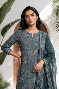 Teal Paisley Printed Modal Straight Kurta with Trousers and Dupatta Set