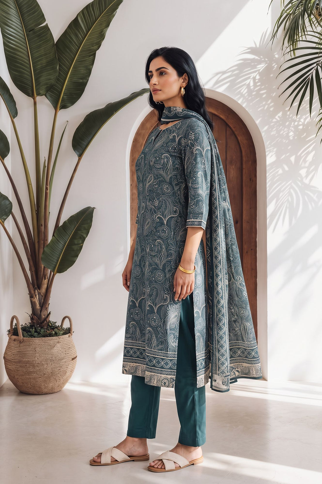 Teal Paisley Printed Modal Straight Kurta with Trousers and Dupatta Set
