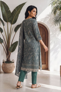 Teal Paisley Printed Modal Straight Kurta with Trousers and Dupatta Set