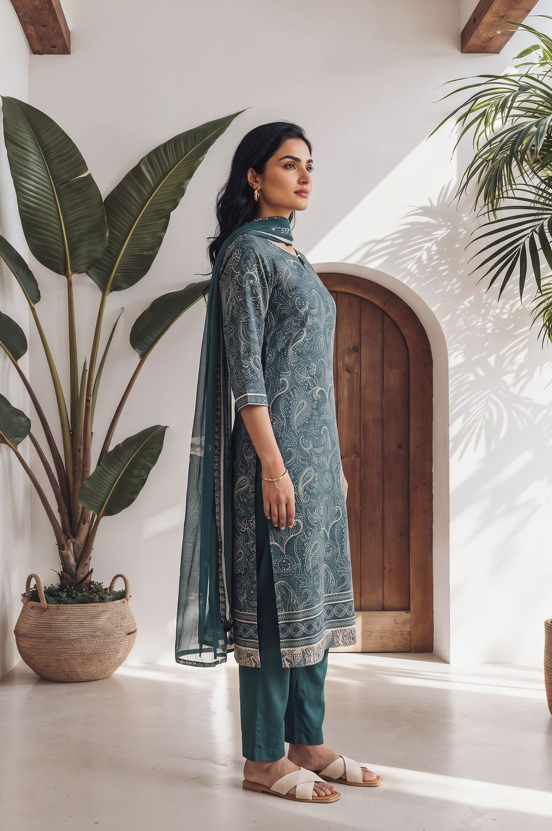 Teal Paisley Printed Modal Straight Kurta with Trousers and Dupatta Set