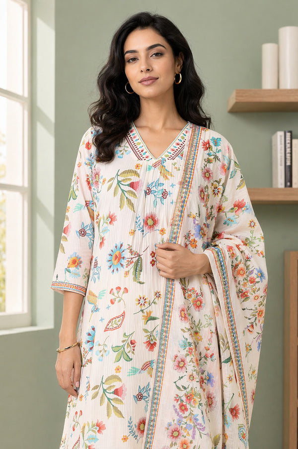 Aurelia Women's Off White Floral Printed Straight Kurta with Palazzo and Stole Set
