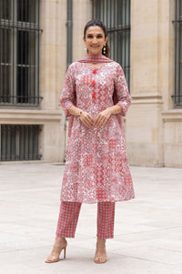 Off White Printed Rayon Straight Kurta with Palazzo and Stole Set