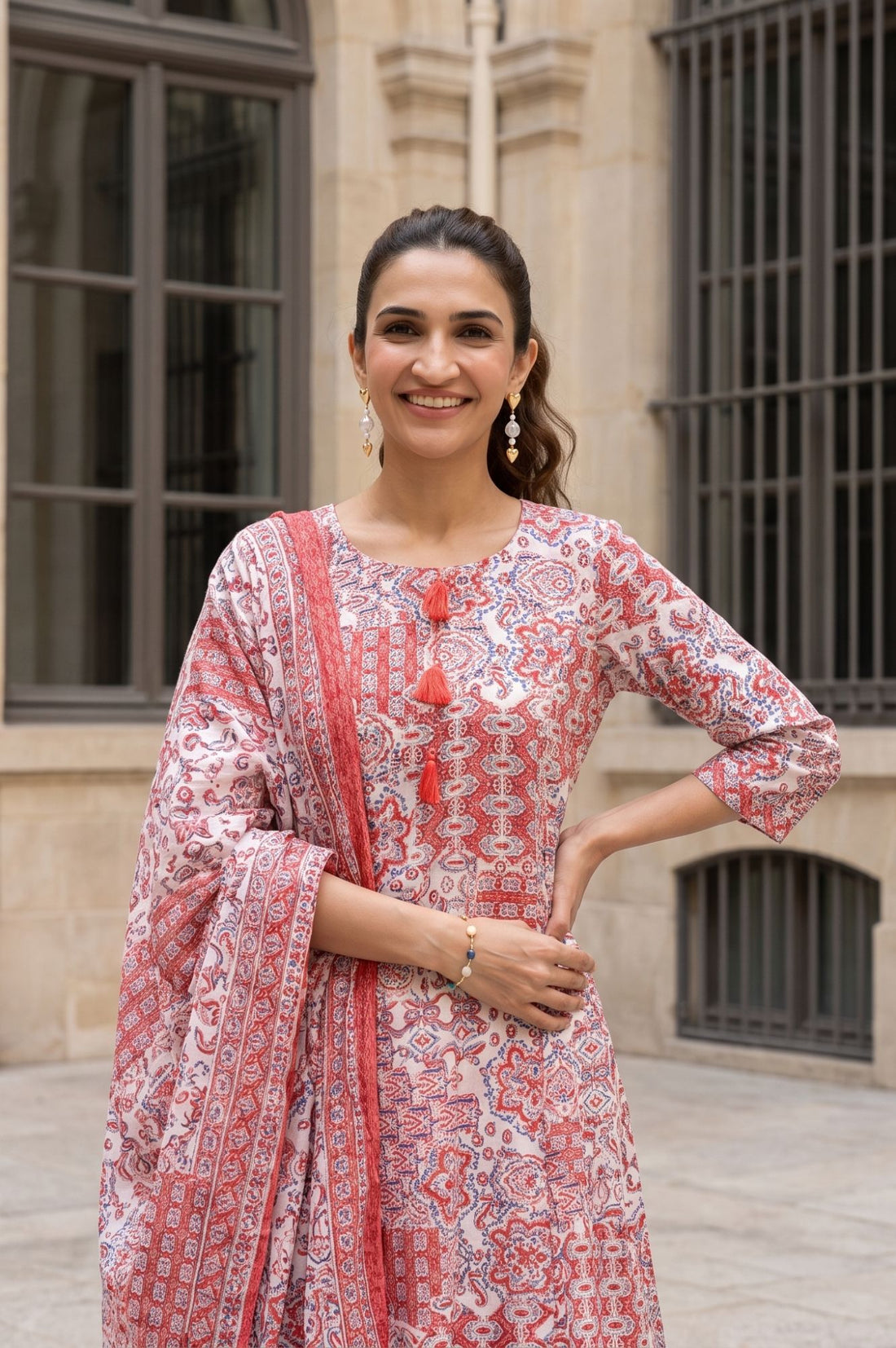Off White Printed Rayon Straight Kurta with Palazzo and Stole Set