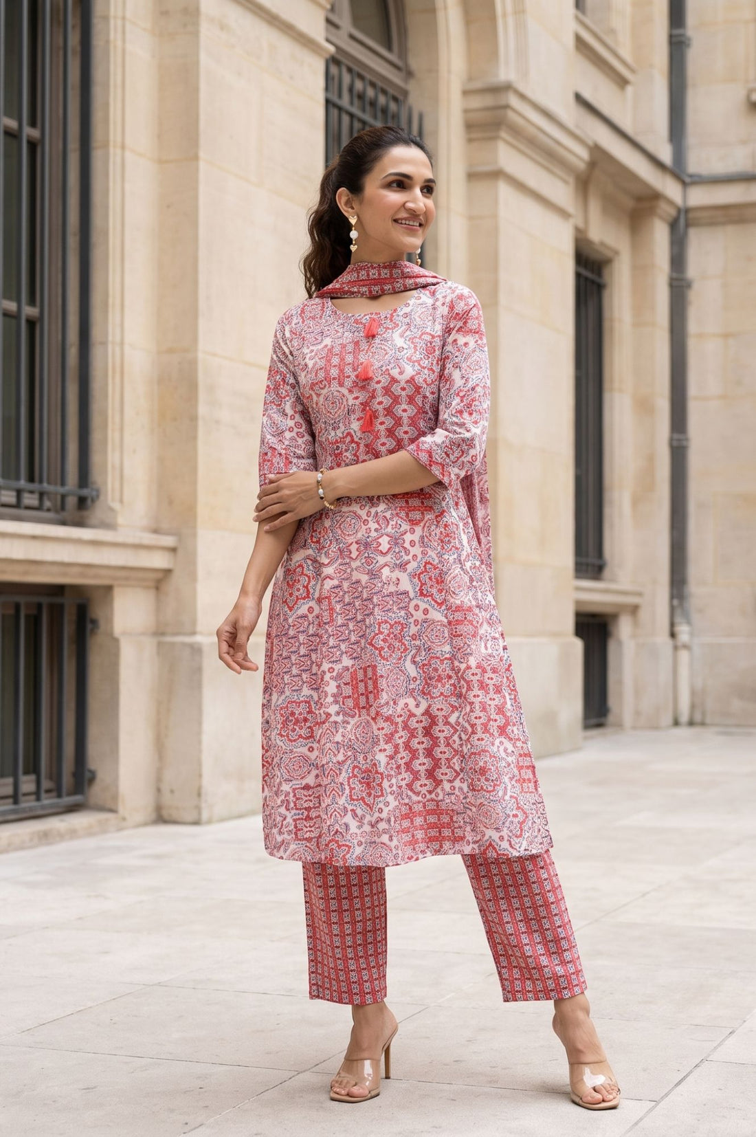 Off White Printed Rayon Straight Kurta with Palazzo and Stole Set