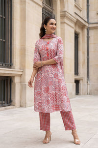 Off White Printed Rayon Straight Kurta with Palazzo and Stole Set