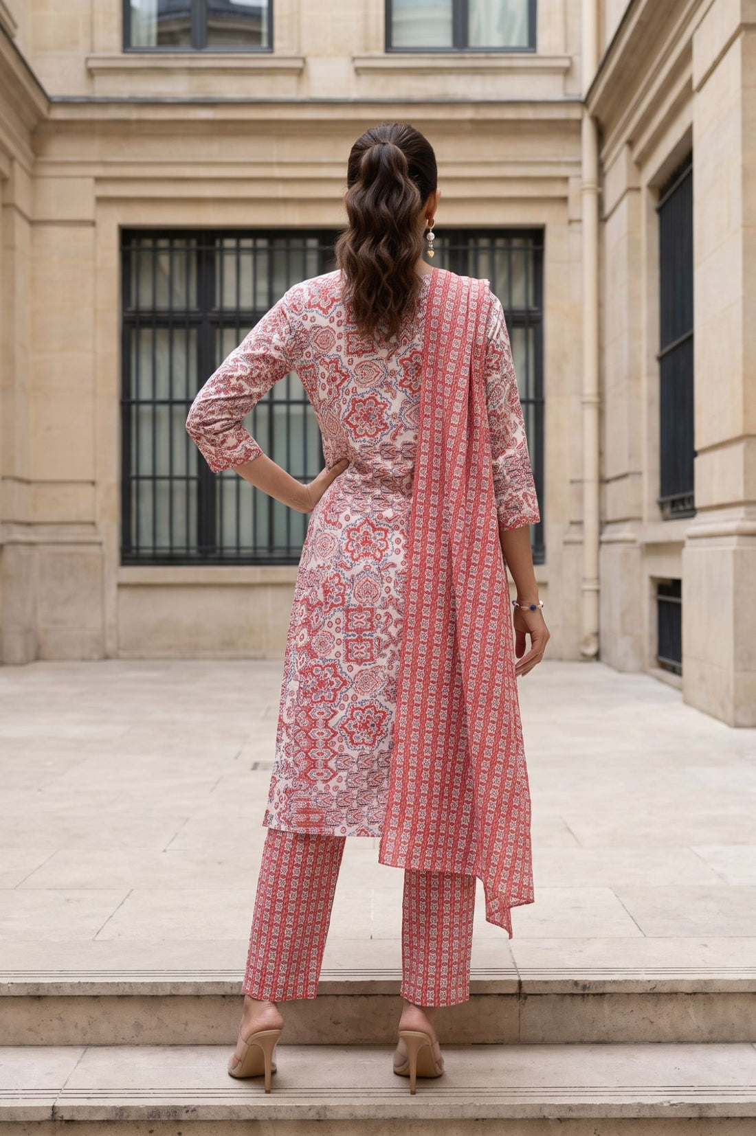 Off White Printed Rayon Straight Kurta with Palazzo and Stole Set