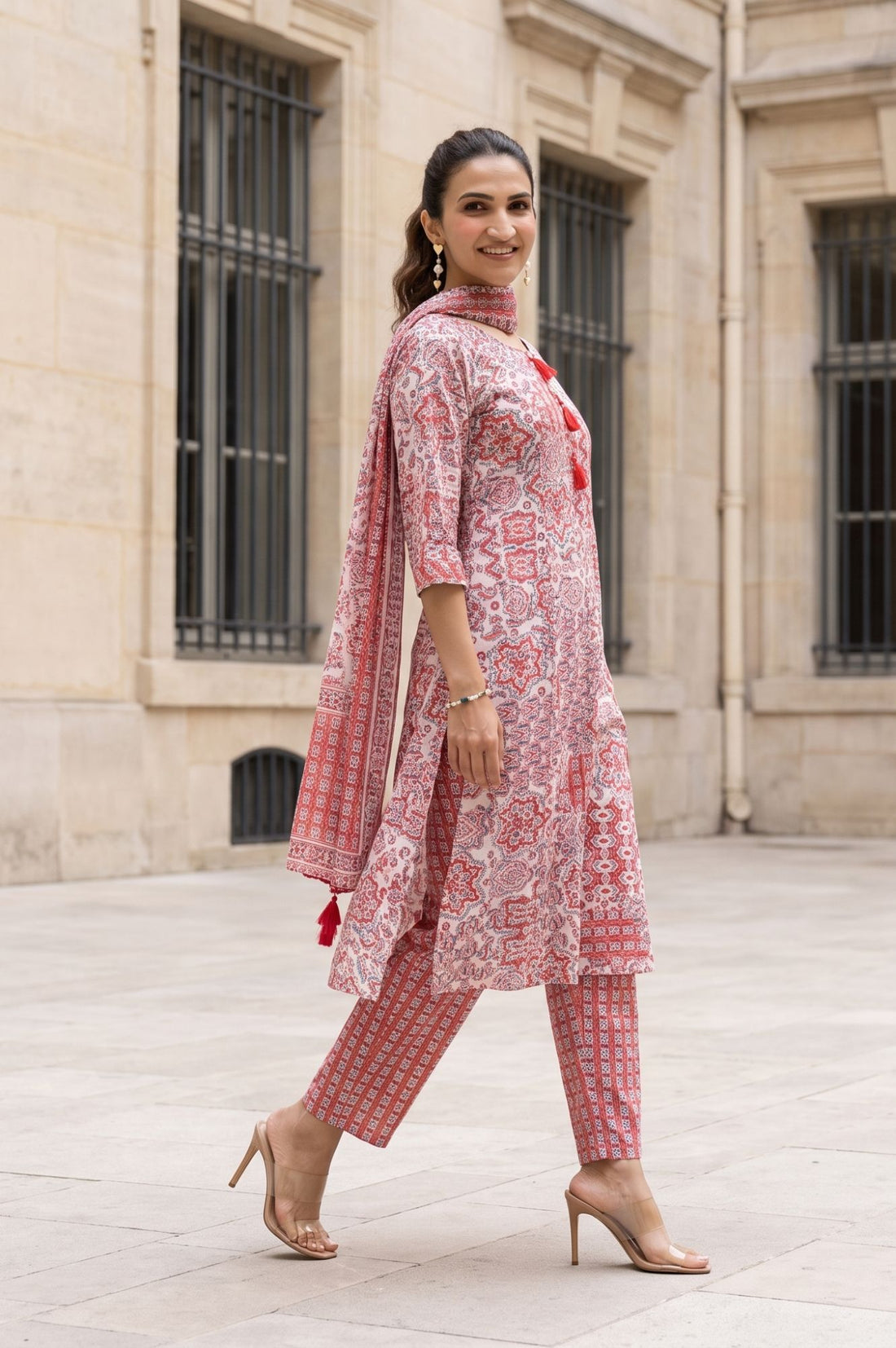 Off White Printed Rayon Straight Kurta with Palazzo and Stole Set