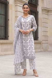 White Floral Printed Cotton Straight Kurta with Trousers and Dupatta Set