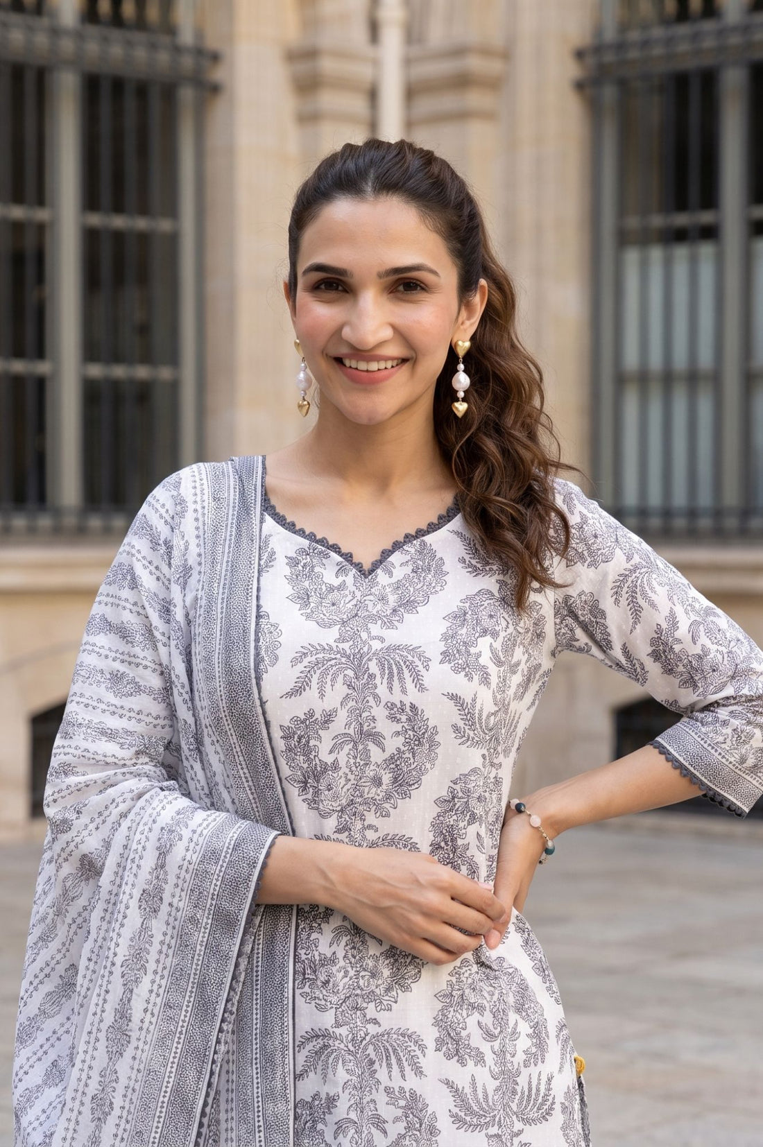 White Floral Printed Cotton Straight Kurta with Trousers and Dupatta Set
