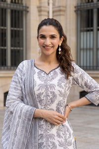 White Floral Printed Cotton Straight Kurta with Trousers and Dupatta Set