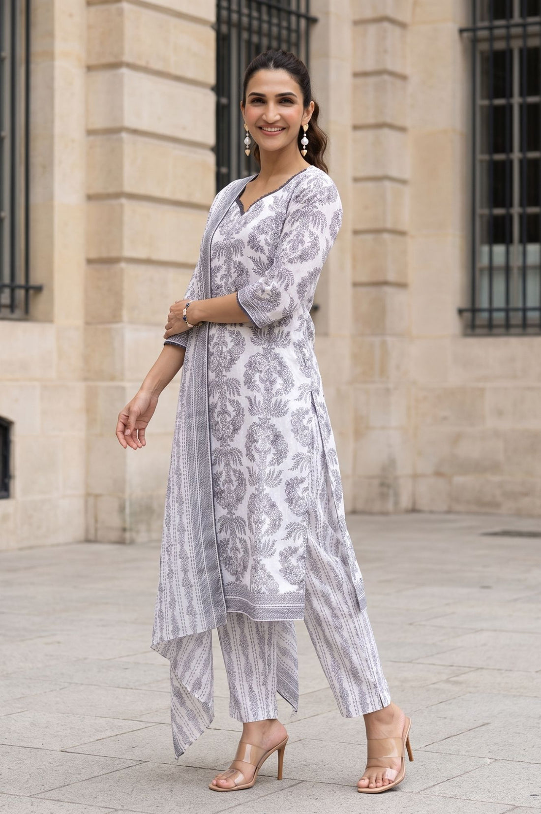 White Floral Printed Cotton Straight Kurta with Trousers and Dupatta Set