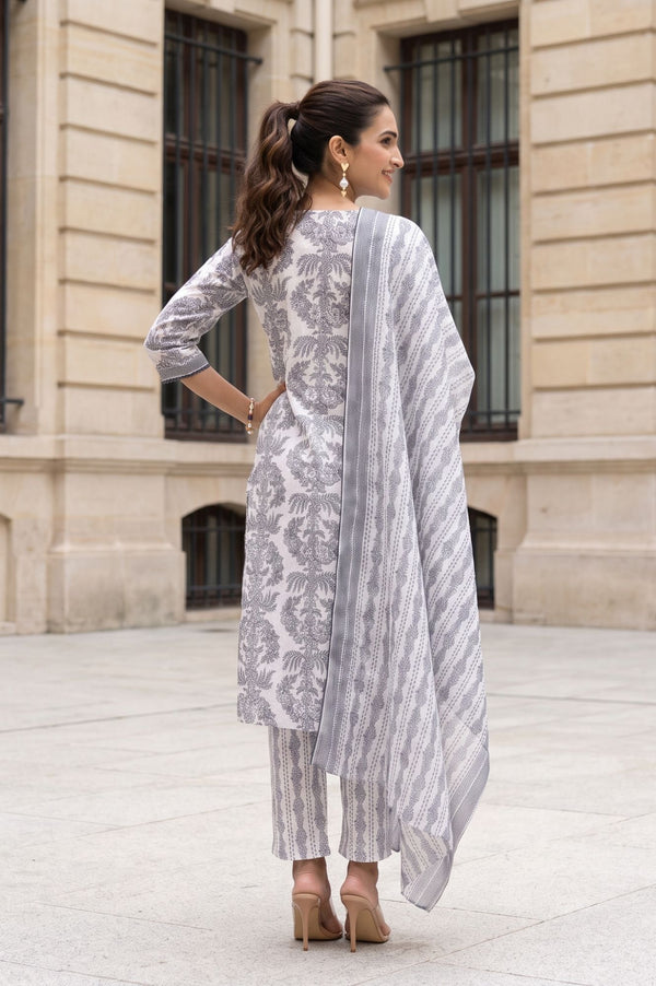 White Floral Printed Cotton Straight Kurta with Trousers and Dupatta Set