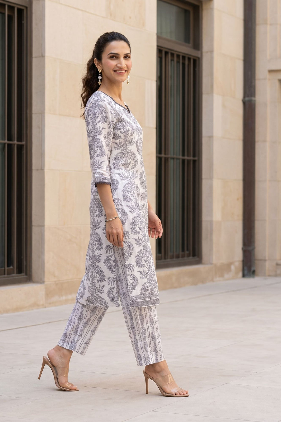 White Floral Printed Cotton Straight Kurta with Trousers and Dupatta Set
