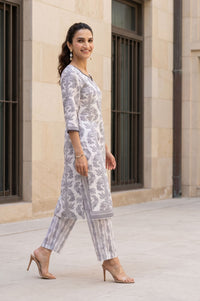 White Floral Printed Cotton Straight Kurta with Trousers and Dupatta Set