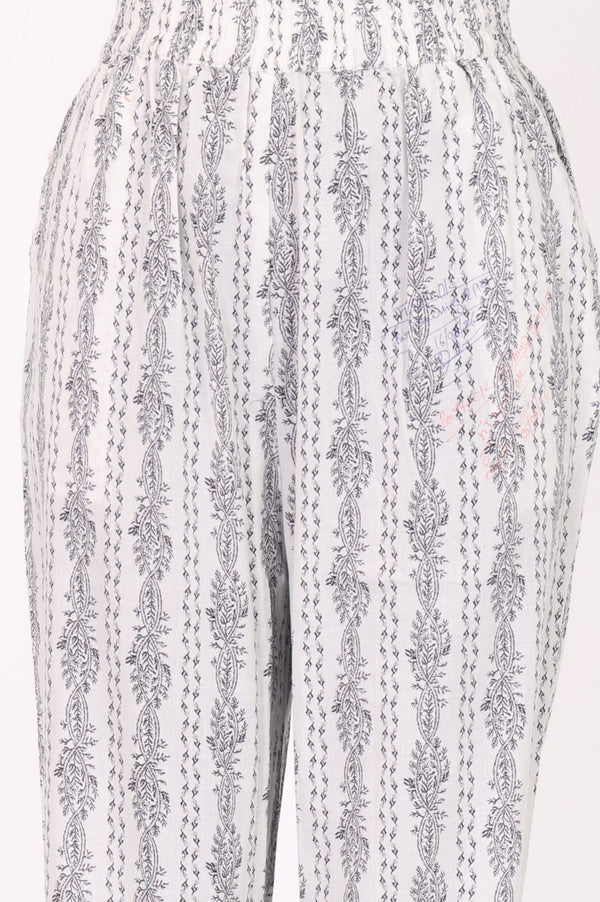 White Floral Printed Cotton Straight Kurta with Trousers and Dupatta Set