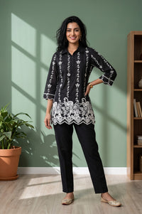 Black Thread Embroidered Pure Cotton Straight Top And Trousers Co-ord Set