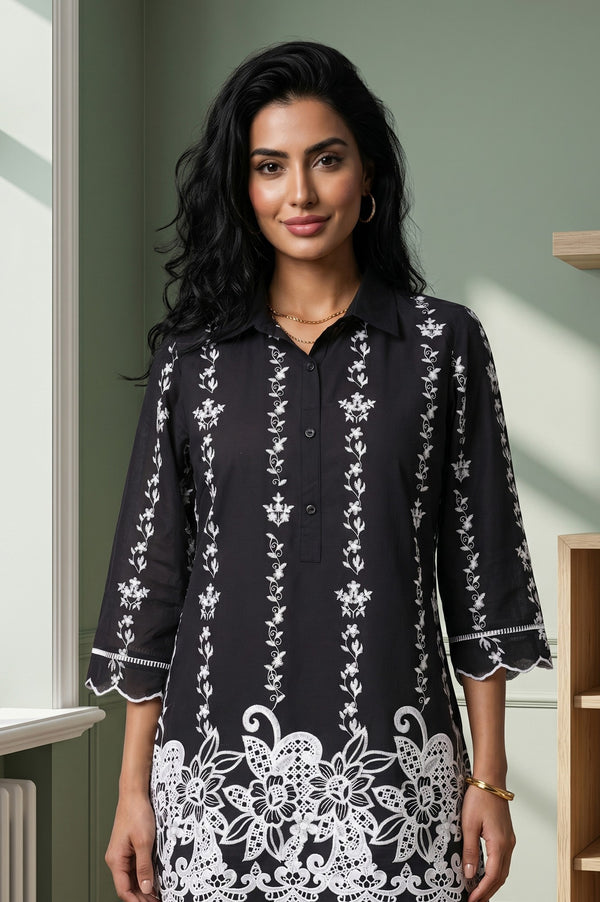 Black Thread Embroidered Pure Cotton Straight Top And Trousers Co-ord Set