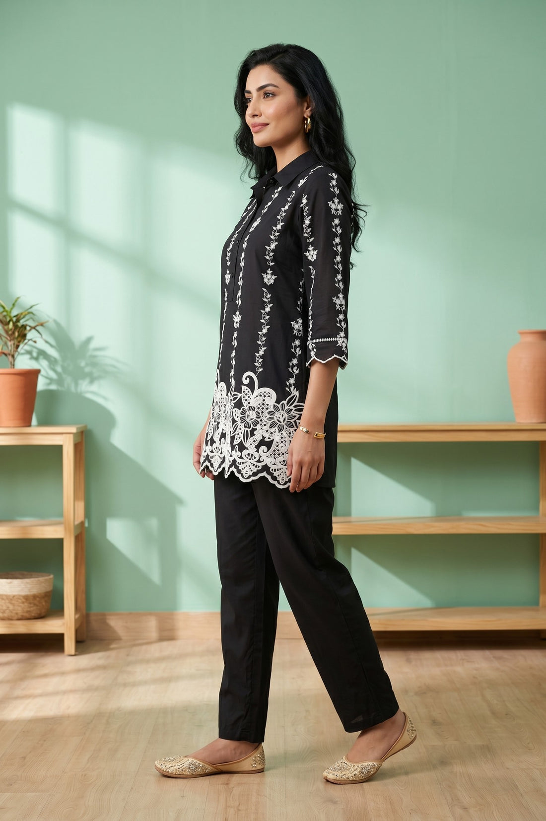 Black Thread Embroidered Pure Cotton Straight Top And Trousers Co-ord Set