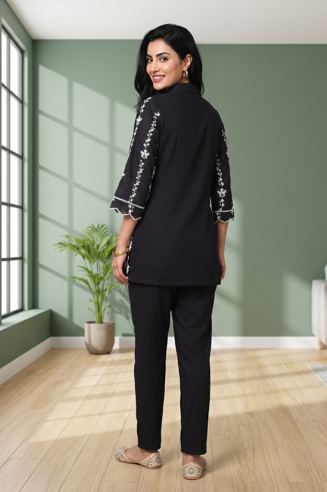 Black Thread Embroidered Pure Cotton Straight Top And Trousers Co-ord Set