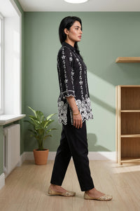 Black Thread Embroidered Pure Cotton Straight Top And Trousers Co-ord Set