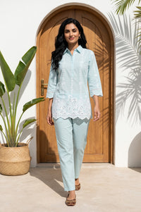 Blue Thread Embroidered Pure Cotton Straight Top With Trousers Co-ord Set