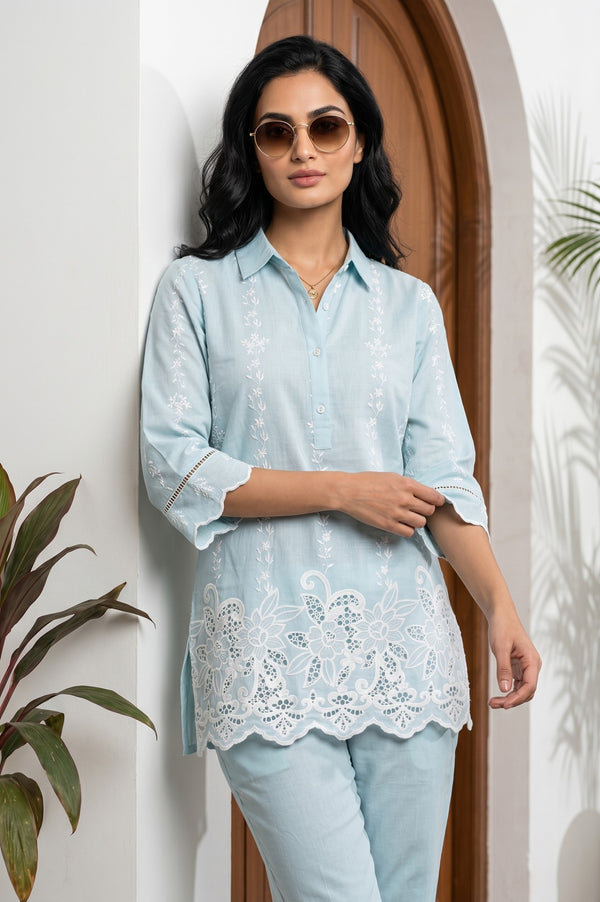 Blue Thread Embroidered Pure Cotton Straight Top With Trousers Co-ord Set
