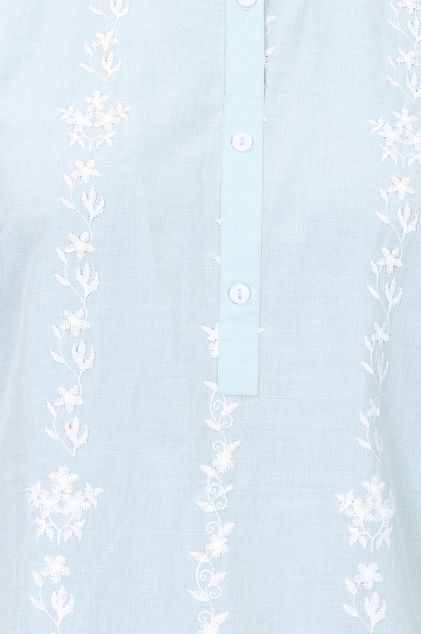 Blue Thread Embroidered Pure Cotton Straight Top With Trousers Co-ord Set