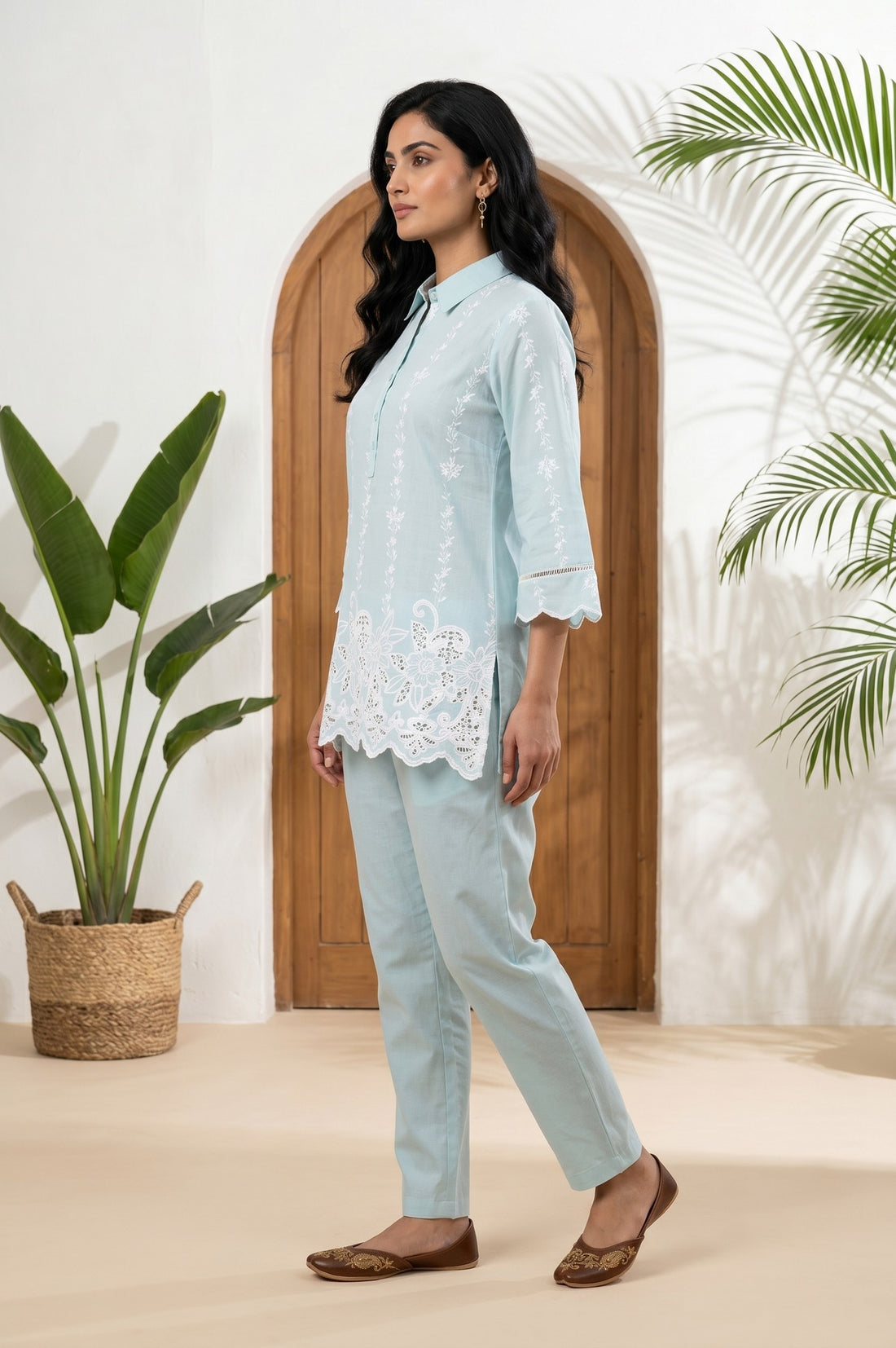 Blue Thread Embroidered Pure Cotton Straight Top With Trousers Co-ord Set