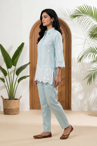 Blue Thread Embroidered Pure Cotton Straight Top With Trousers Co-ord Set