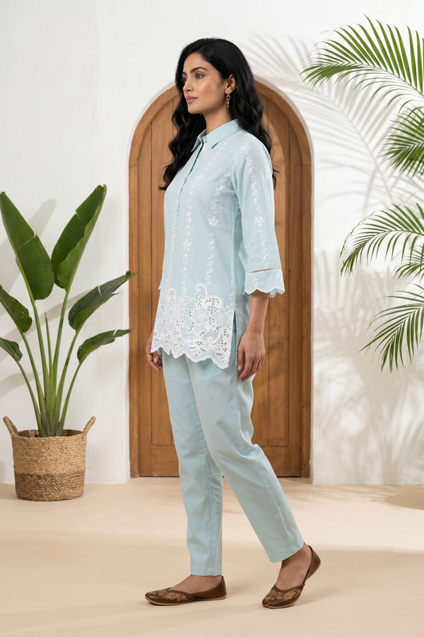 Blue Thread Embroidered Pure Cotton Straight Top With Trousers Co-ord Set