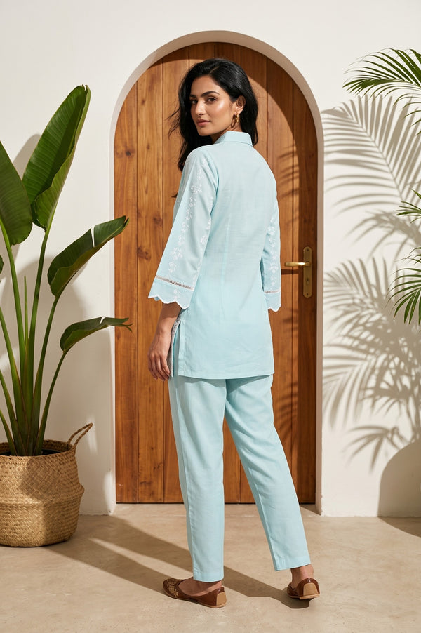 Blue Thread Embroidered Pure Cotton Straight Top With Trousers Co-ord Set