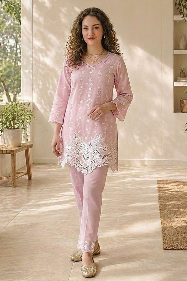 Mauve Embroidered Pure Cotton Straight Kurta With Trousers Co-ord Set