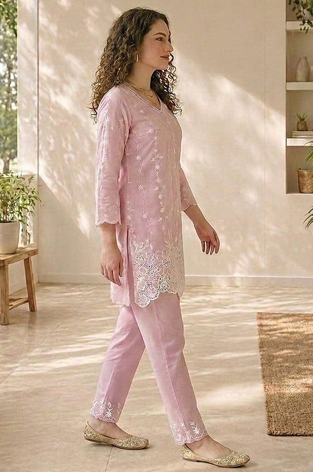Mauve Embroidered Pure Cotton Straight Kurta With Trousers Co-ord Set