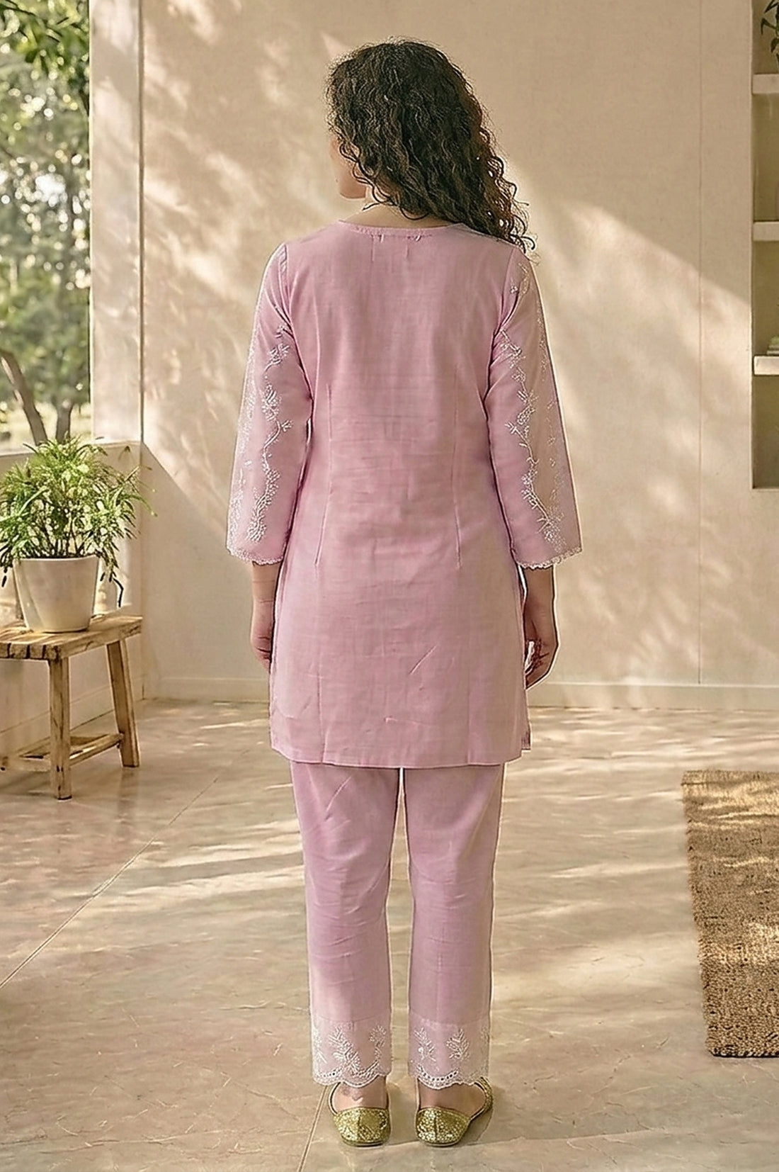 Mauve Embroidered Pure Cotton Straight Kurta With Trousers Co-ord Set