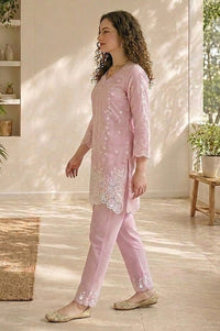 Mauve Embroidered Pure Cotton Straight Kurta With Trousers Co-ord Set