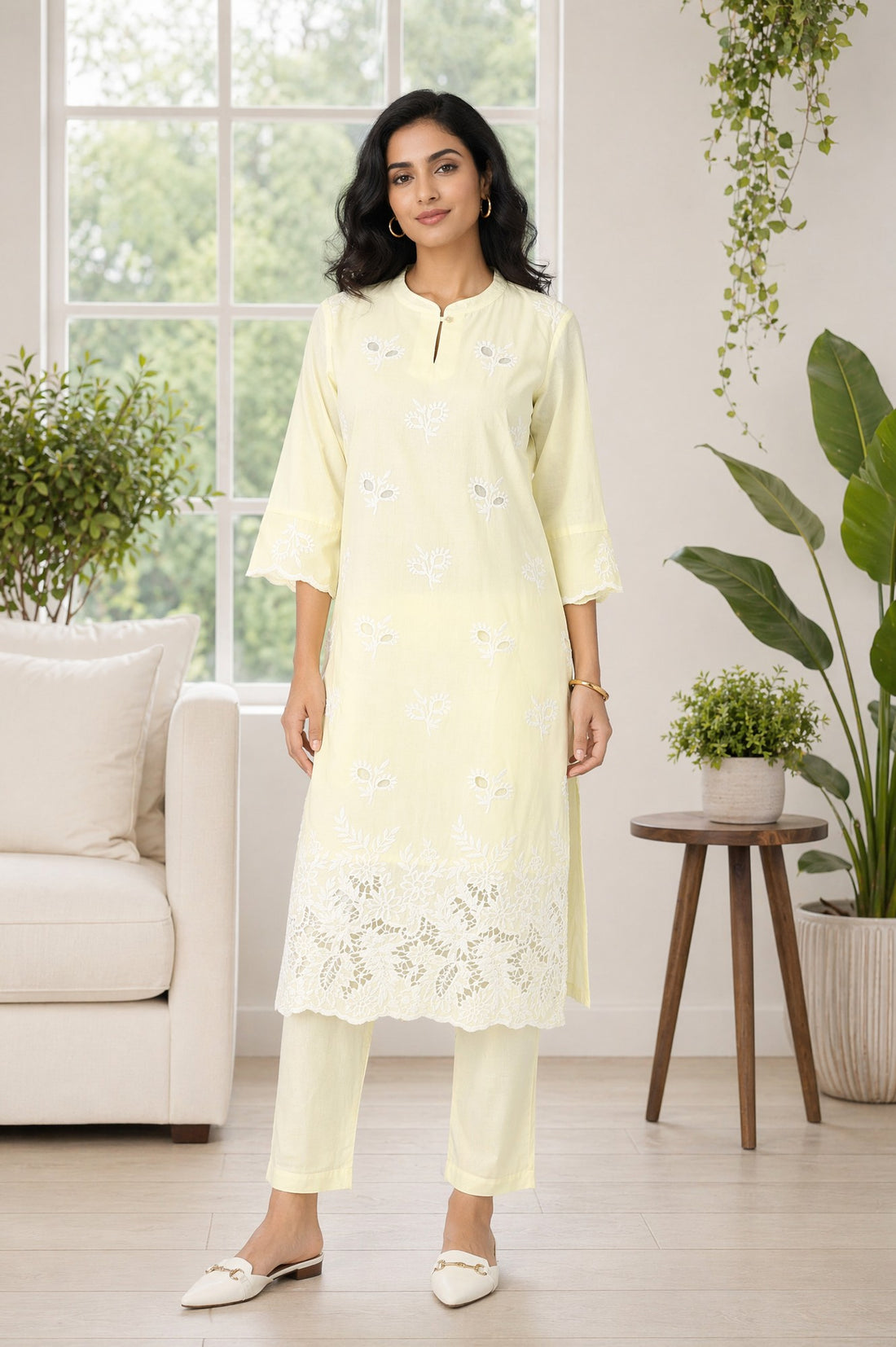 Light Yellow Thread Embroidered Pure Cotton Straight Kurta with Trousers Co-ord Set