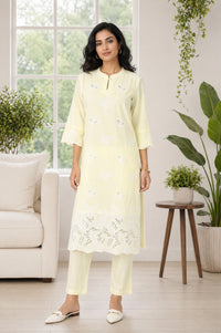 Light Yellow Thread Embroidered Pure Cotton Straight Kurta with Trousers Co-ord Set