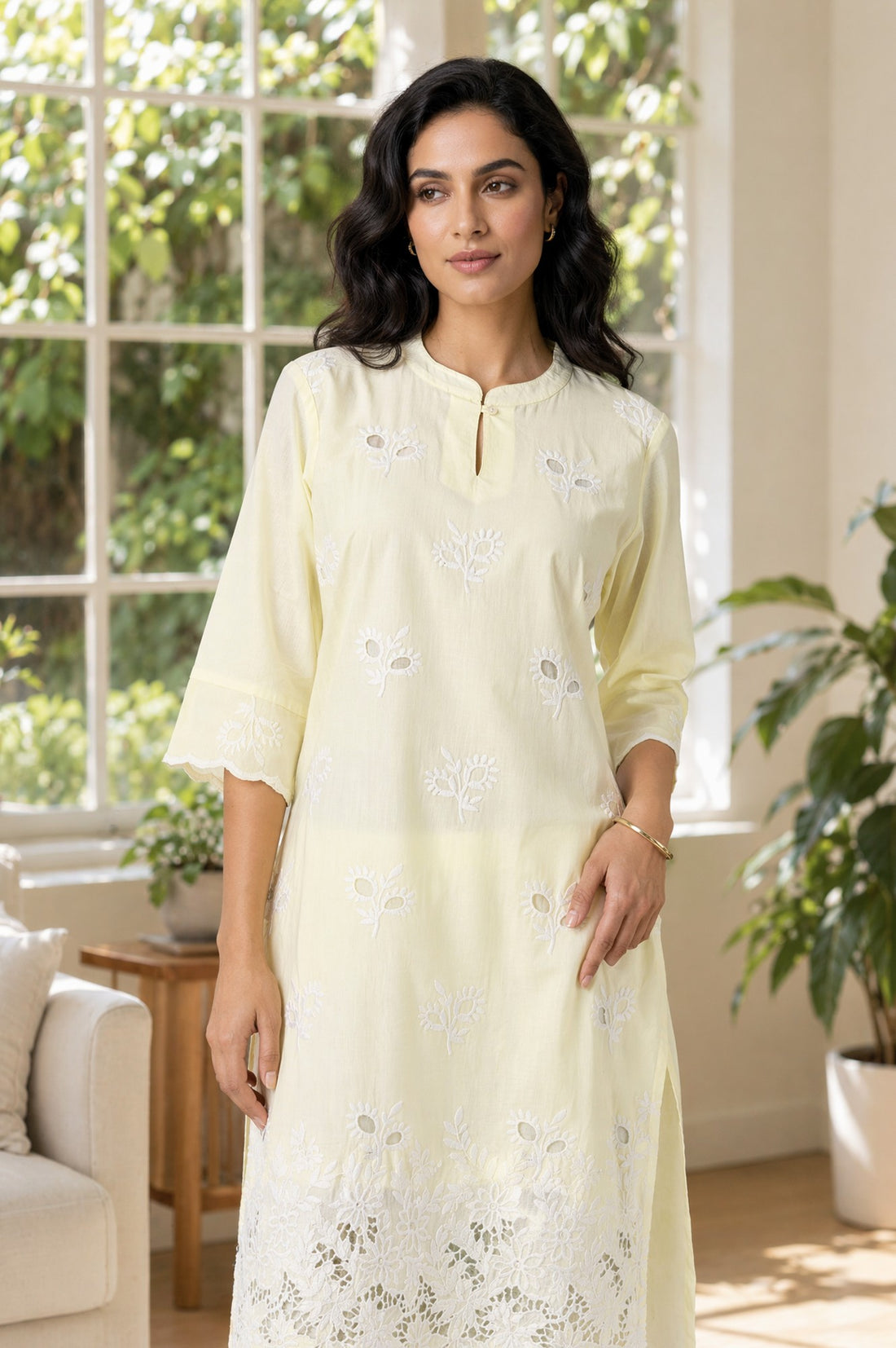 Light Yellow Thread Embroidered Pure Cotton Straight Kurta with Trousers Co-ord Set