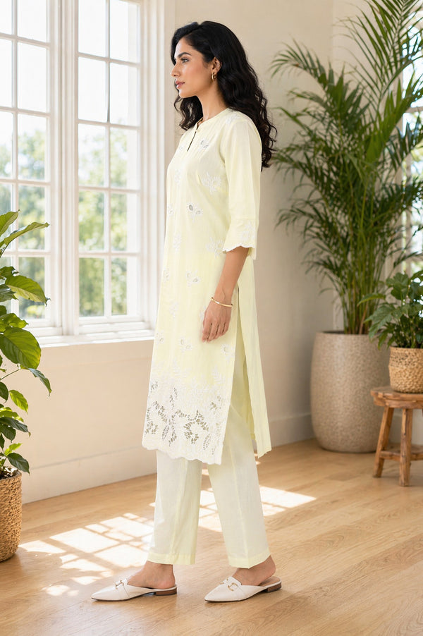 Light Yellow Thread Embroidered Pure Cotton Straight Kurta with Trousers Co-ord Set