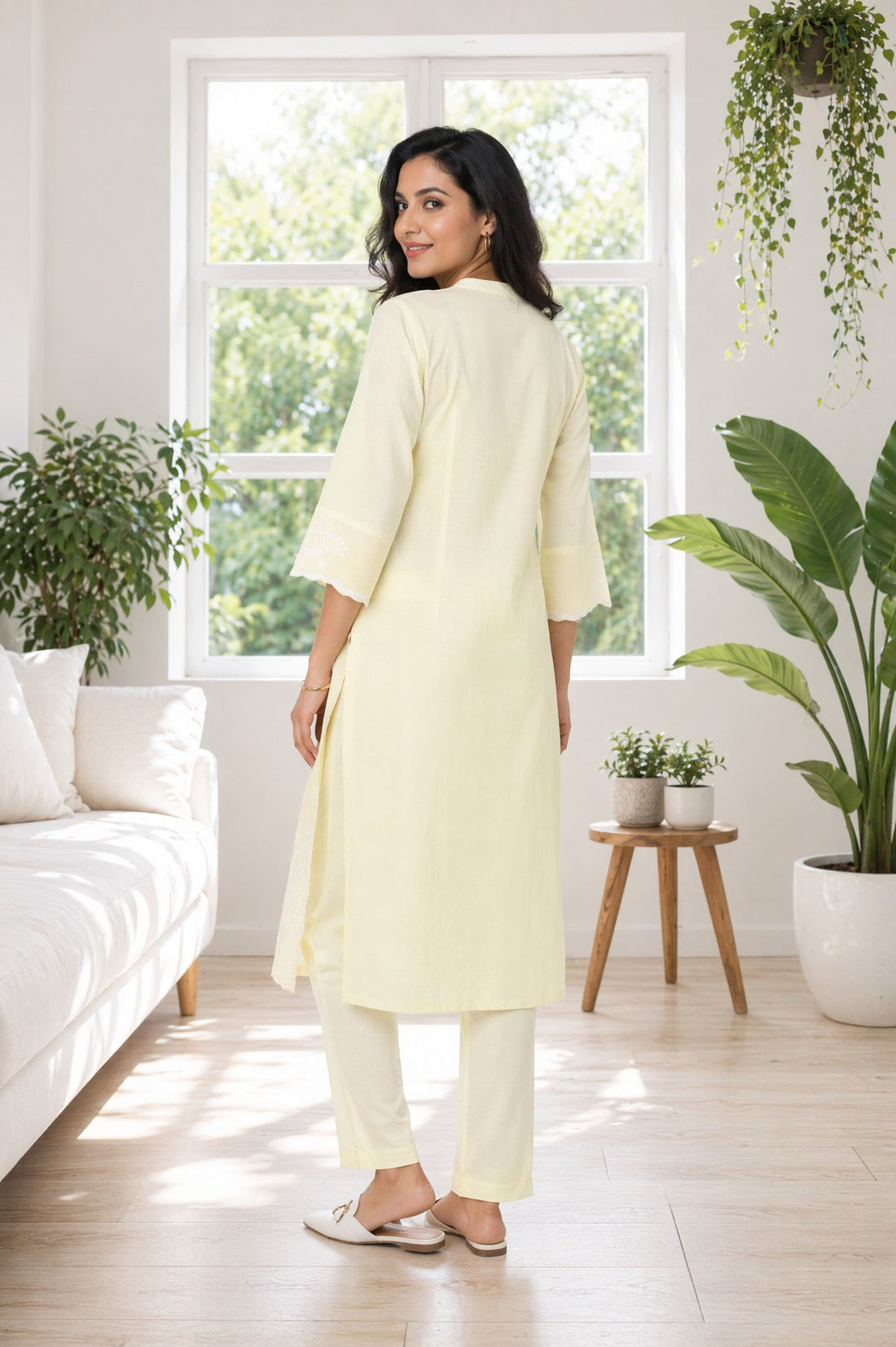 Light Yellow Thread Embroidered Pure Cotton Straight Kurta with Trousers Co-ord Set