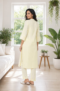 Light Yellow Thread Embroidered Pure Cotton Straight Kurta with Trousers Co-ord Set