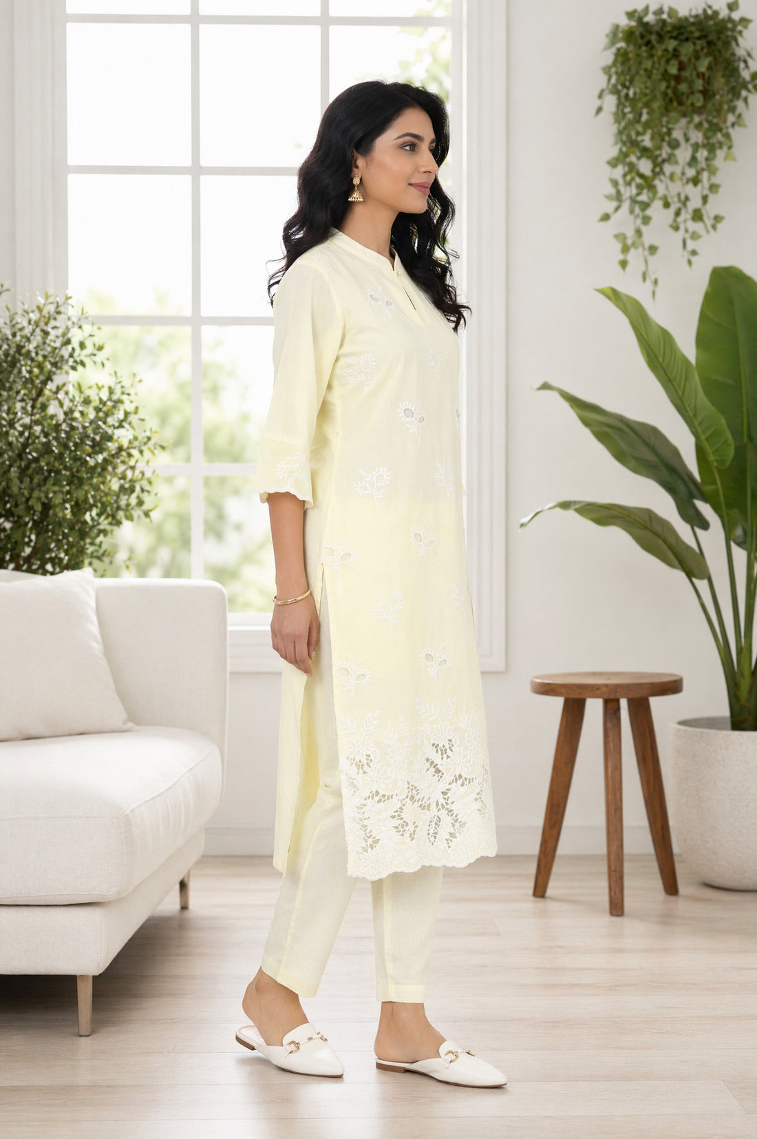 Light Yellow Thread Embroidered Pure Cotton Straight Kurta with Trousers Co-ord Set
