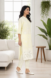 Light Yellow Thread Embroidered Pure Cotton Straight Kurta with Trousers Co-ord Set