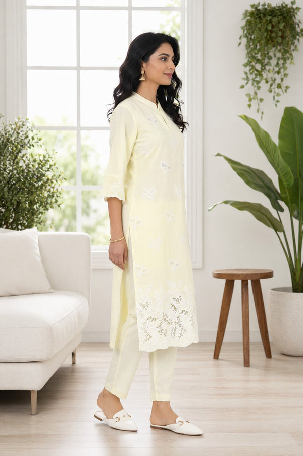 Light Yellow Thread Embroidered Pure Cotton Straight Kurta with Trousers Co-ord Set
