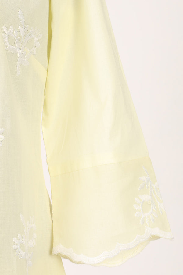 Light Yellow Thread Embroidered Pure Cotton Straight Kurta with Trousers Co-ord Set