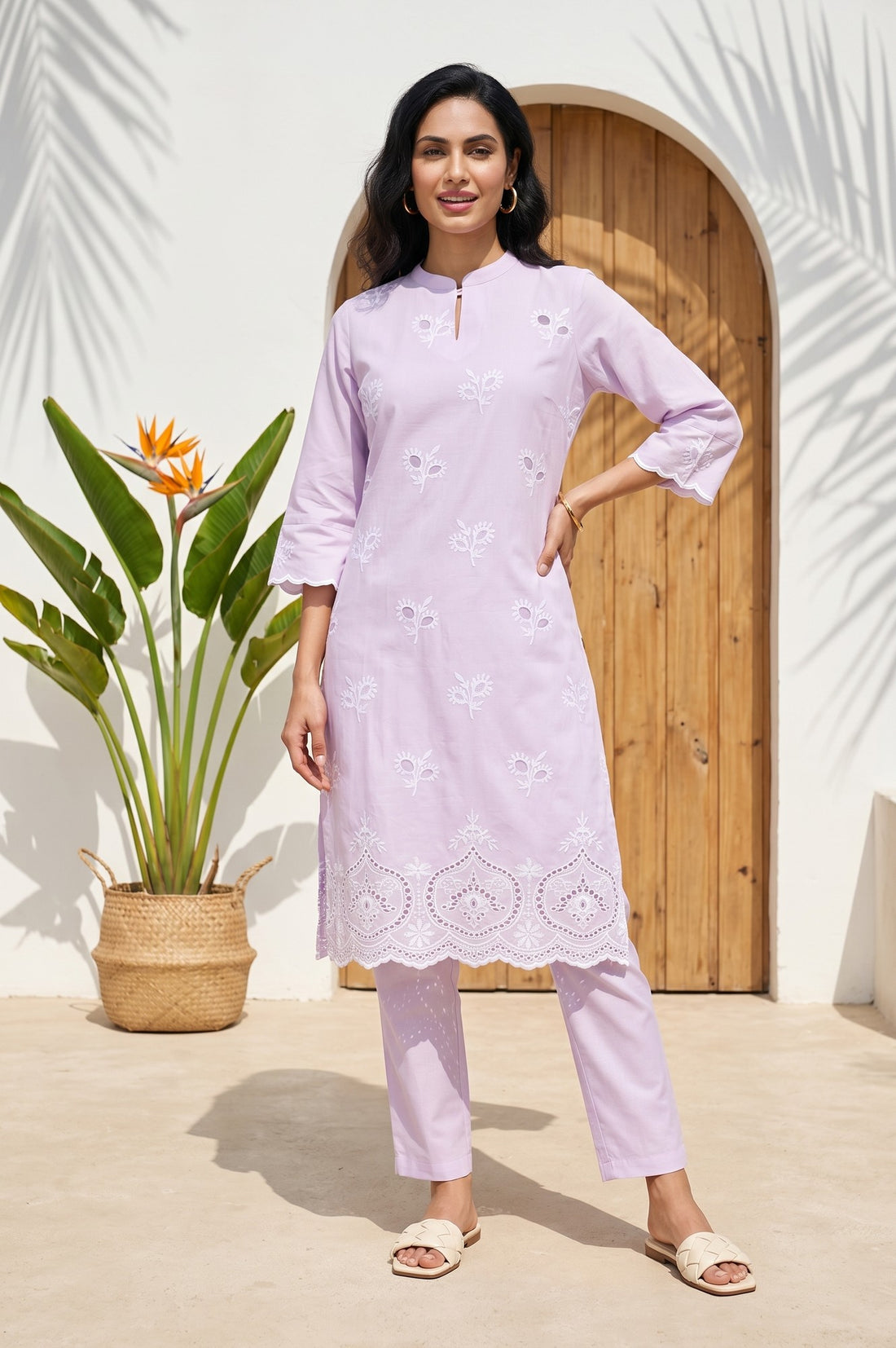 Lavender Schiffli Embroidered Pure Cotton Straight Kurta With Trousers And Dupatta Set
